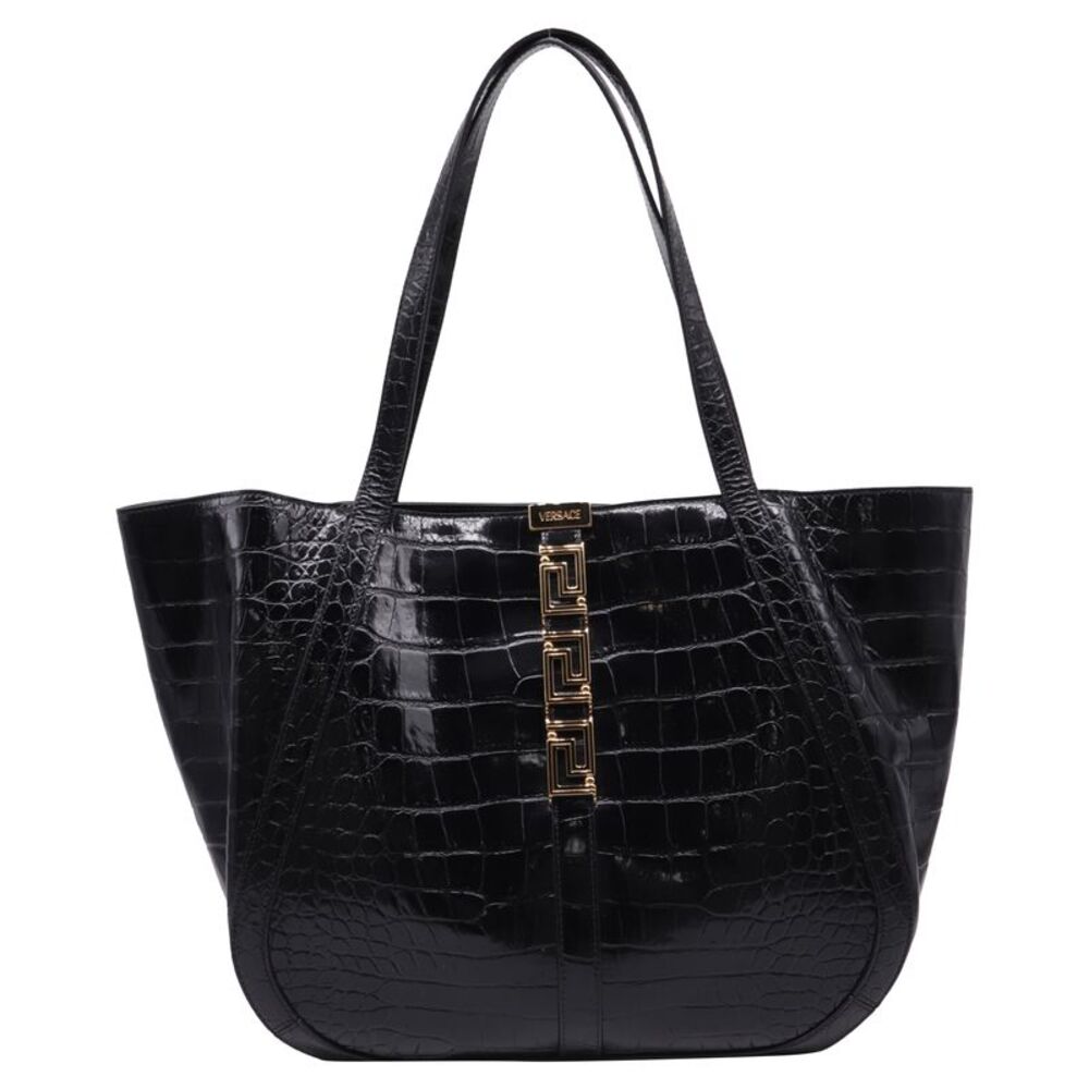 Versace Large Greca Goddess Croc-Embossed Tote Bag in Black Leather